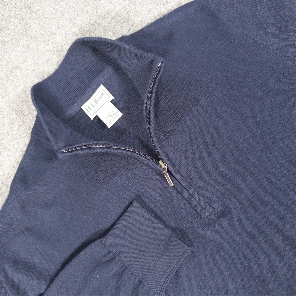 LL Bean Mens Navy Blue Cotton Cashmere 1/4 Zip Sweater Large L-REG 275298 #4761
